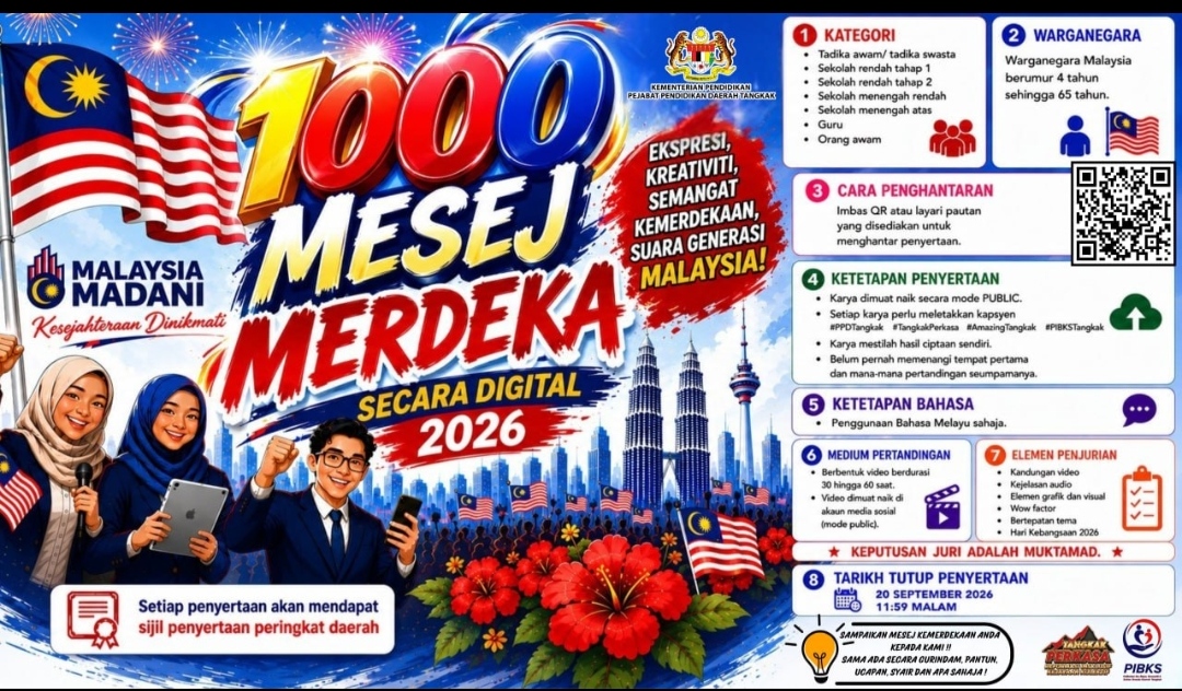 Poster rasmi Pertandingan 1000 Mesej Merdeka 2026 — kategori, ketetapan, medium dan tarikh tutup penyertaan
